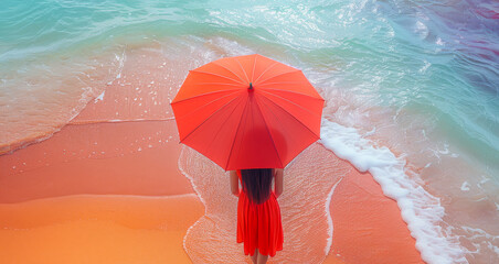 Woman in Red Dress Holding Umbrella on Beach at Sunset