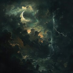A spooky night sky with ominous storm clouds, a crescent moon, and lightning illuminating the darkness. 