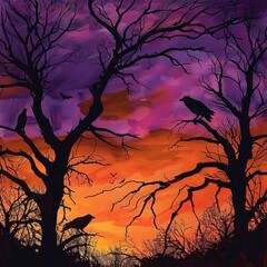 A haunting Halloween sky featuring orange and purple hues, with silhouetted dead trees and crows. 