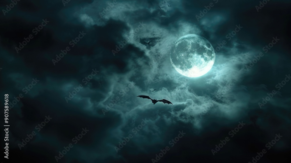 Poster a dark and eerie sky with a full moon surrounded by thick, ghostly clouds and bats flying across.