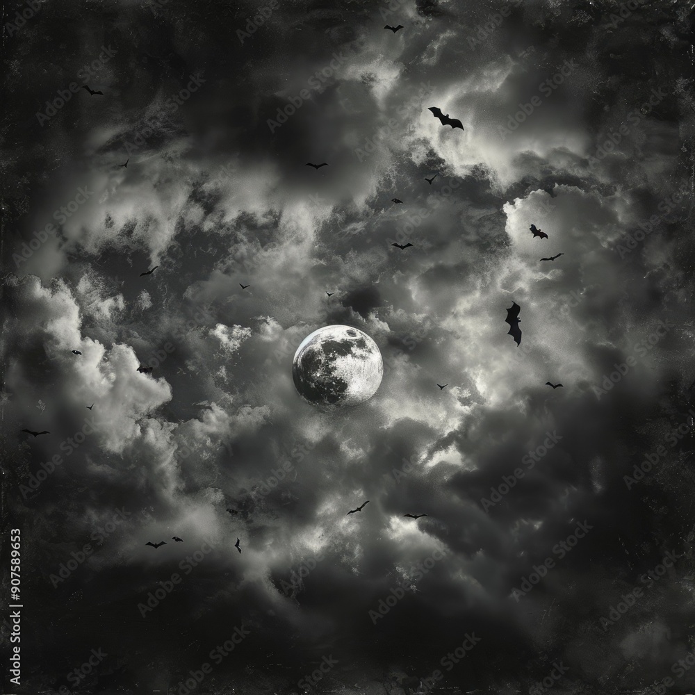 Poster a dark and eerie sky with a full moon surrounded by thick, ghostly clouds and bats flying across.