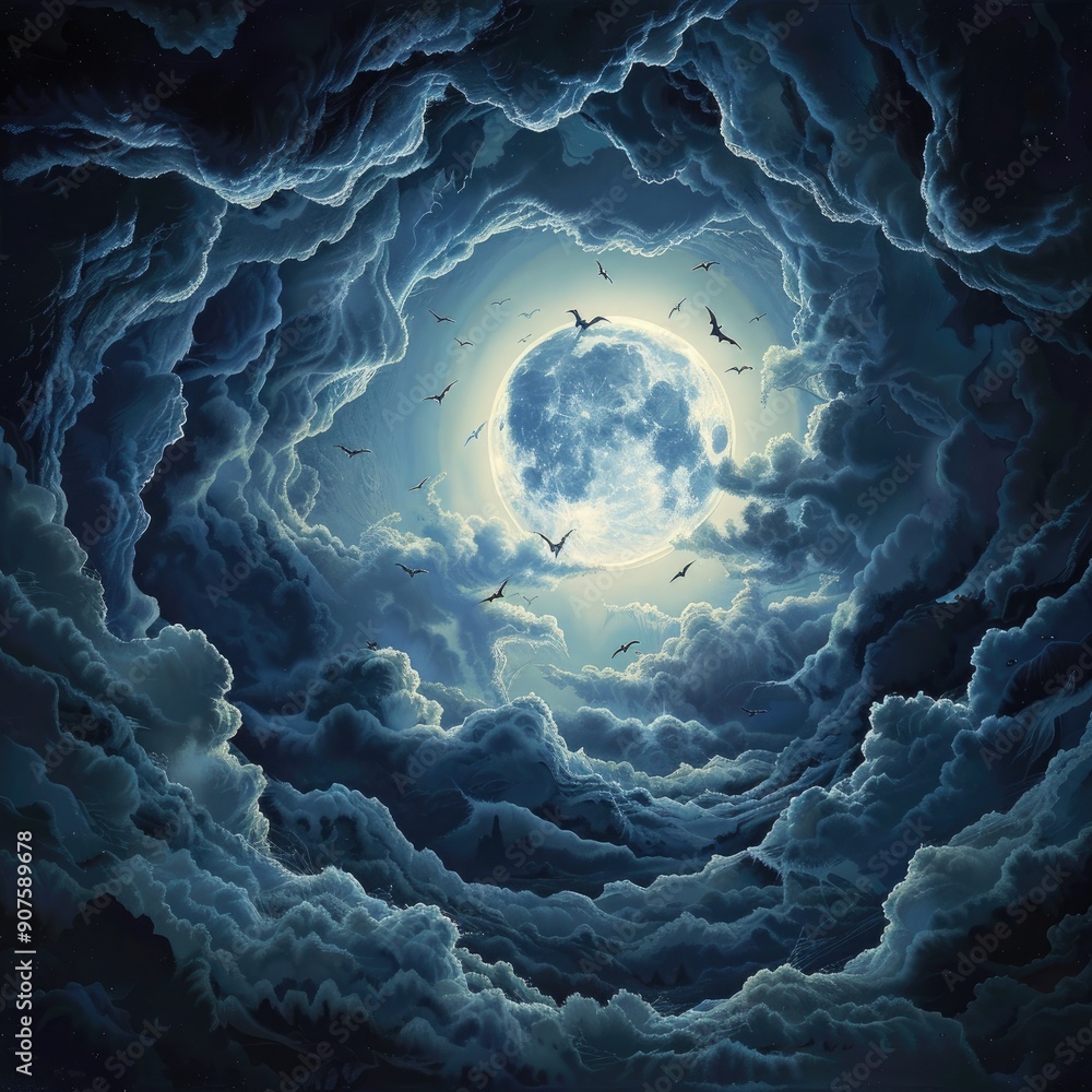 Poster a dark and eerie sky with a full moon surrounded by thick, ghostly clouds and bats flying across.