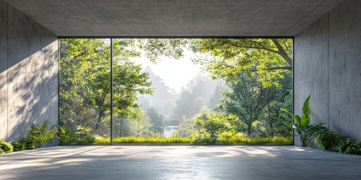 3d render of empty concrete room with large window on nature background, Generative AI