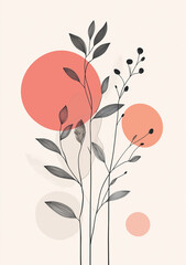 Abstract plant illustration in the style of a flat style with a pink background featuring muted colors