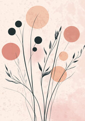 Abstract plant illustration in the style of a flat style with a pink background featuring muted colors