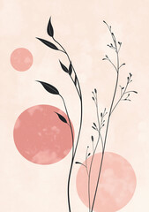 Abstract plant illustration in the style of a flat style with a pink background featuring muted colors