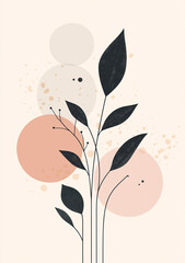 Abstract plant illustration in the style of a flat style with a pink background featuring muted colors