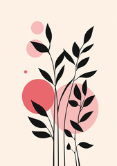 Abstract plant illustration in the style of a flat style with a pink background featuring muted colors