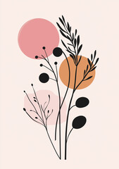 Abstract plant illustration in the style of a flat style with a pink background featuring muted colors