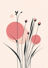 Abstract plant illustration in the style of a flat style with a pink background featuring muted colors