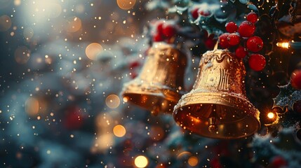A festive scene featuring golden bells adorned with holly, surrounded by soft snowflakes and warm holiday lights.