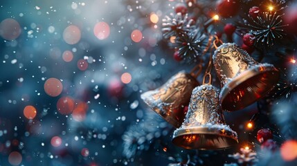 A festive scene showcasing golden bells nestled among snowy pine branches, capturing the magic of Christmas celebrations.