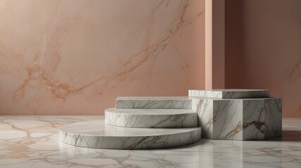 Marble stand bucket and shovel.Podium product display stage 3d marble stand stone summer platform. Mockup background beauty white podium rock space cosmetics stage presentation nature light