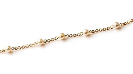 Long Golden Chain with Pearls on White Background