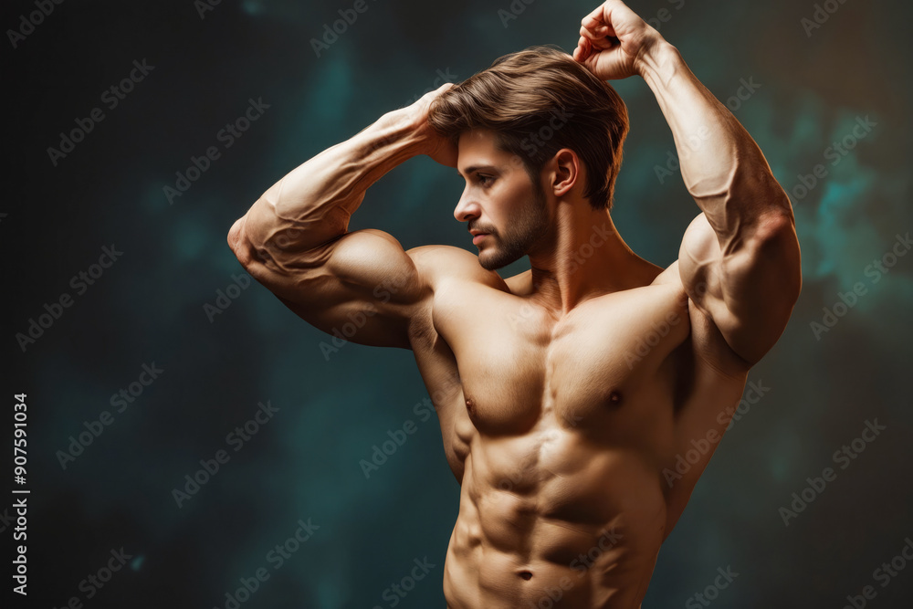 Poster a shirtless man flexing his biceps on a dark background.