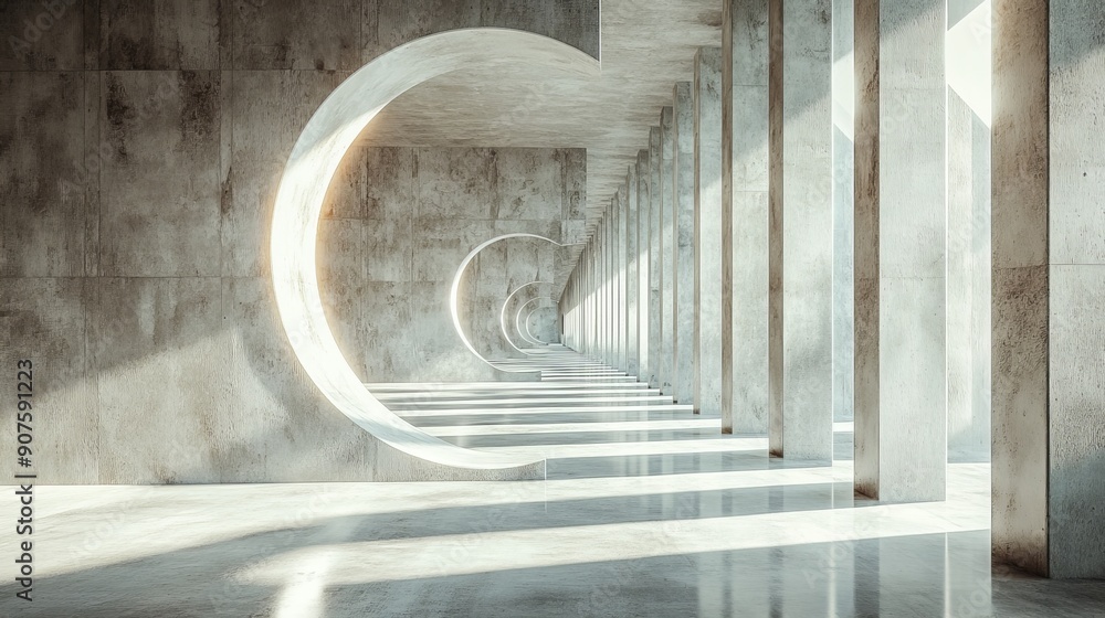 Sticker Abstract of architecture space with rhythm of circle concrete block and light and shadow of the sun,3D render, Generative AI