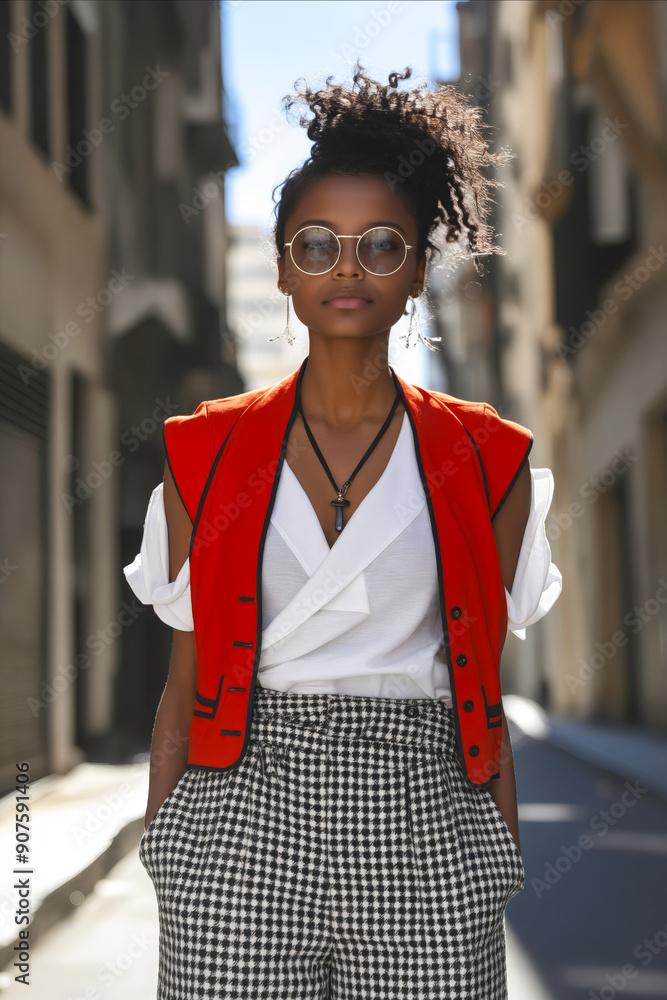 Poster a woman wearing a red vest and houndstooth pants on a city street