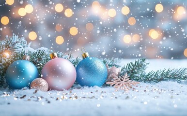 Festive Christmas Scene with Blue and Pink Ornaments on Snowy Background and Soft Pastel Bokeh Lights - Generative AI