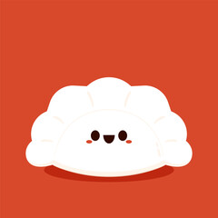 Gyoza vector. Hot dumplings and chopsticks on red background. Steamed dim sum or bun illustration for restaurant logo. Asian food icon for Japanese.