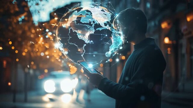 people holding mobile phones with a photorealistic image of the globe that represents global communications and technology in an interconnected world.