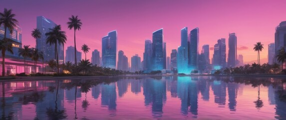 Retro Futuristic City Skyline at Sunset with Palm Trees and Reflections