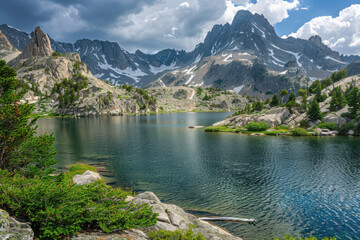 horizontal image of an alpine landscape with a beautiful lake surrounded by stunning mountains
