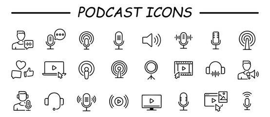 Podcast icon set. Containing audio, microphone, record, podcasting, broadcasting and entertainment icons.