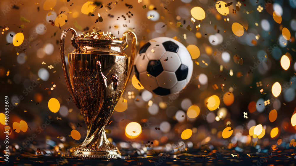 Wall mural soccer, football, trophy glory and confetti featuring gold sparkling lights on festive background. s