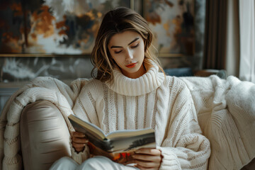 Obraz premium Close-up of A Fashionable confident woman wearing in a luxurious cashmere sweater and chic trousers, trendy, reading a book in a stylish, upscale apartment. Studio fashion portrait