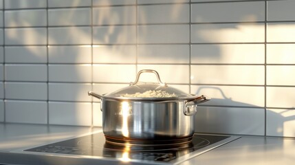 Modern Kitchen with Stainless Steel Pot on Induction Stove and Sunlit White Tiled Backsplash