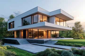 3d rendering of modern luxury house with lawn garden, and concrete floor, Generative AI