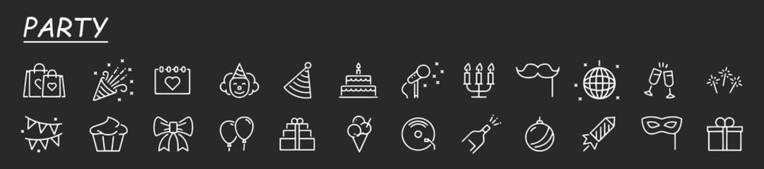 Event planning, party icons. Simple set of party related vector line Icons. Contains such Icons as bouquet of flowers, karaoke, dj, masquerade and more. Grey background