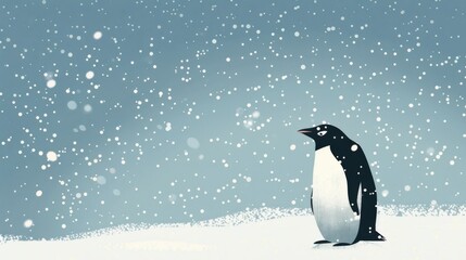 Fototapeta premium Chinese minimalism illustration, silhouette portrait of a penguin, flat illustration Chinese figure illustration on icy blue background, surrounded by snowflakes, arctic setting, empty copy space 