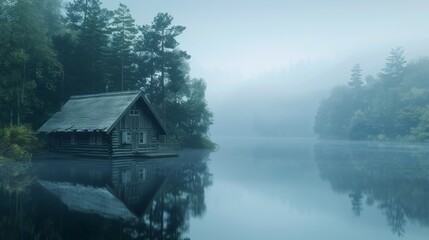 Fototapeta premium Wooden Cottage on Foggy Lake
