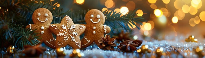 Charming gingerbread cookies adorned with festive decorations, set against a backdrop of sparkling lights and cozy ambiance.