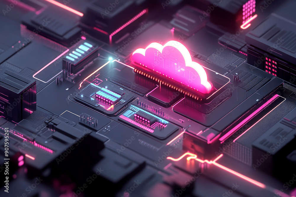 Poster a visually striking digital representation of cloud computing with neon lights, emphasizing modern t