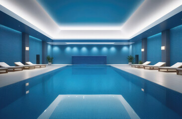 Modern indoor swimming pool with elegant blue and white design, houseplants and lounge chairs