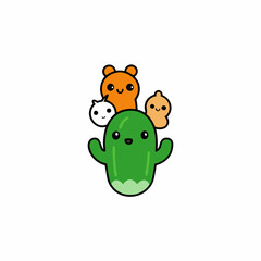 sticker design of A cactus with cute animal companions