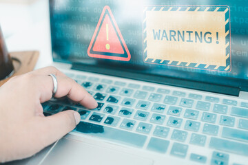 System warning hacked alert, Protection against personal data hacking, Notification error mark computer virus detected caution, Cyber attack on computer network, Virus and cybercrime, Cybersecurity.
