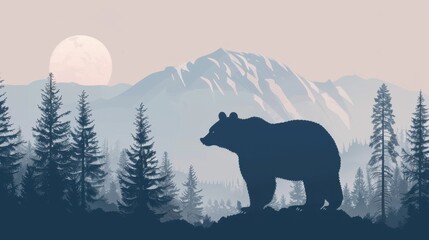 Chinese minimalism illustration, silhouette portrait of a bear, flat illustration Chinese figure illustration on muted gray background, surrounded by pine trees, mountain setting, empty copy space