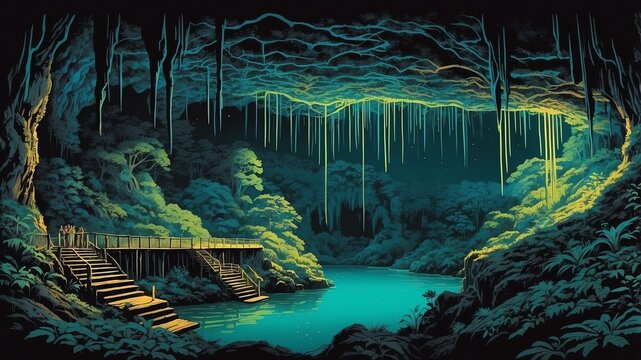 waitomo glowworm caves new zealand retro neon