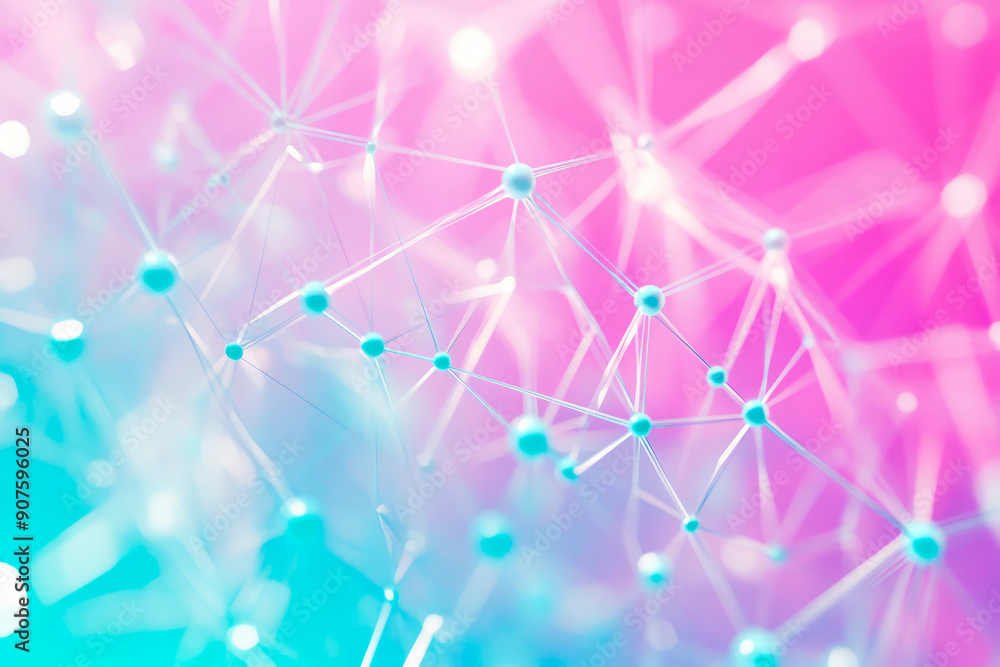 Poster an abstract digital image showcasing a vibrant network of interconnected nodes and lines in pink and