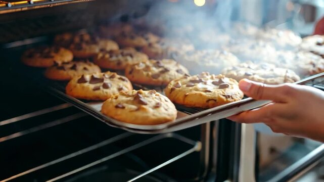Close-up of hands removing a baking sheet with chocolate-covered biscuits from the oven