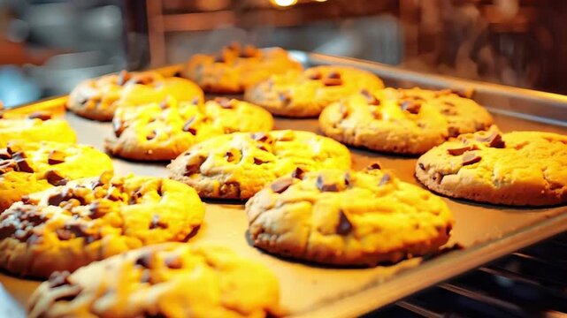 Close-up of hands removing a baking sheet with chocolate-covered biscuits from the oven