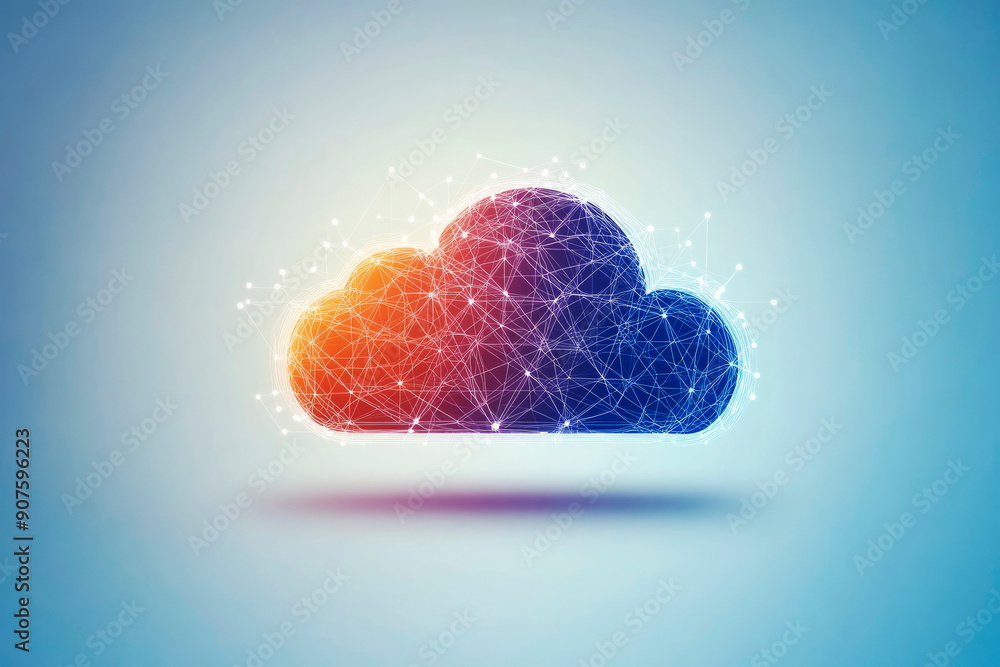Poster a cloud-shaped digital illustration with connecting network lines, symbolizing cloud computing, data