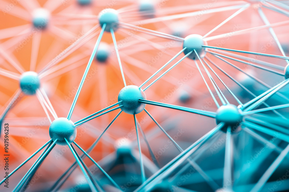 Poster a close-up of interconnected nodes and lines, representing a complex network, connections, and the i