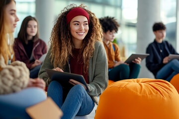 Group of students sitting with tablets, engaging in digital learning in a modern informal setting, highlighting education and collaboration.