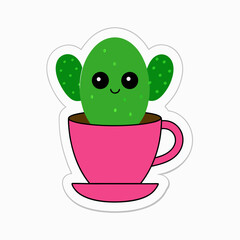sticker design of A cactus in a vintage teacup planter