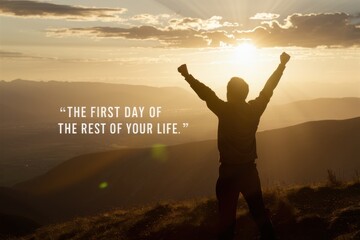 Fototapeta premium A first day of the rest of your life person standing on top of a hill with arms raised in the air, AI