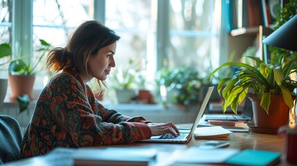 Young woman working on a laptop at home in a cozy environment, representing telework and freelance lifestyle, with a modern home office setup, reflecting the growing trend of remote work